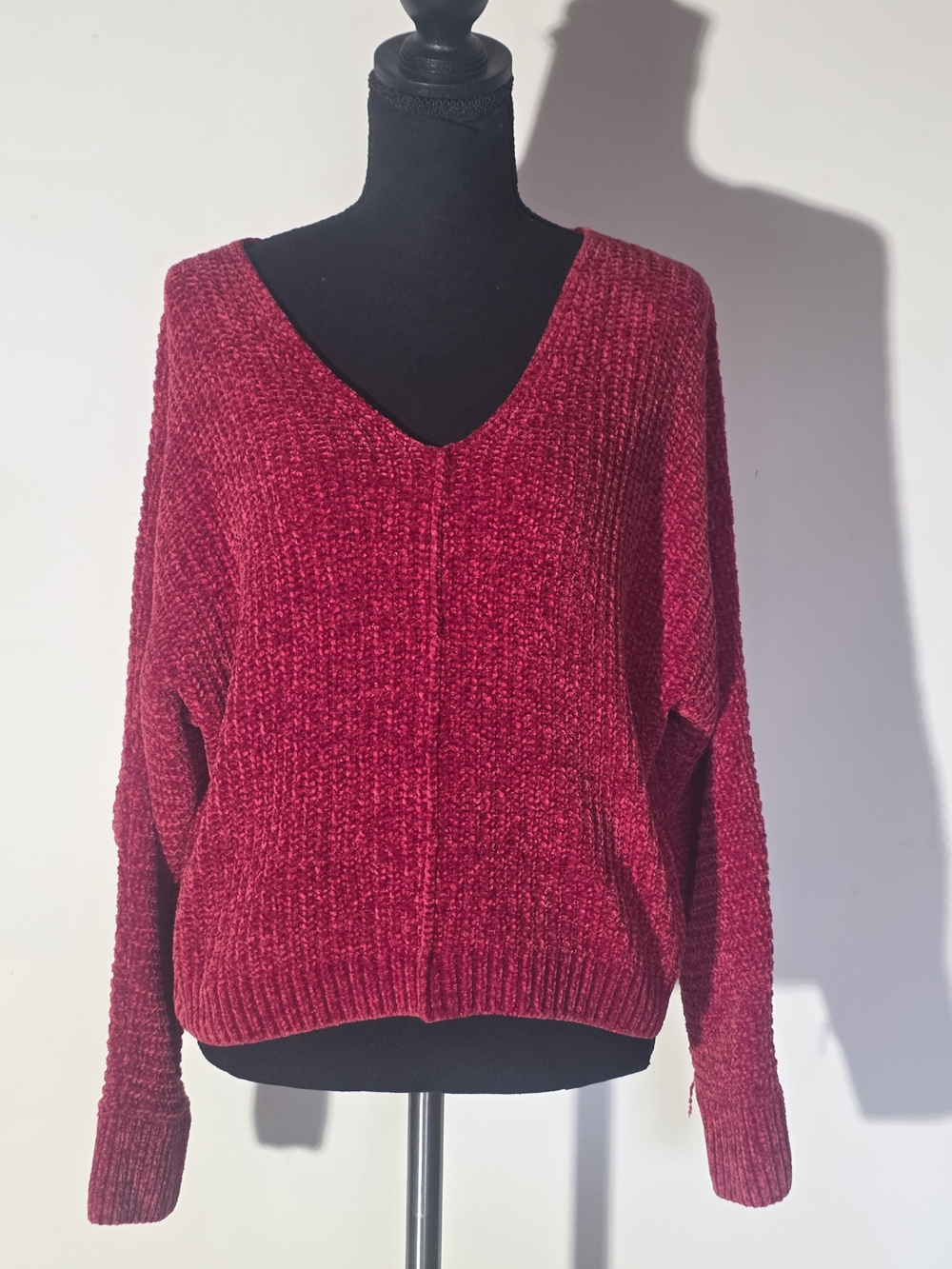 Pink Rose Plush V-Neck Sweater in Berry Red (Size XS)